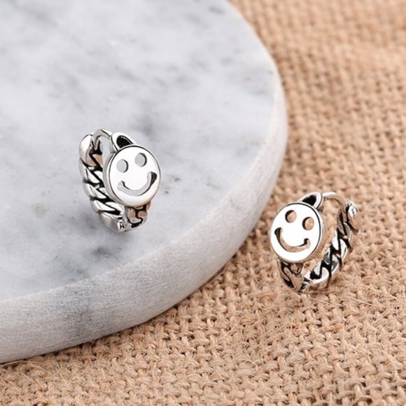 NEW 925 Sterling Silver Smiley Face Hoop Earrings - Picture 4 of 10